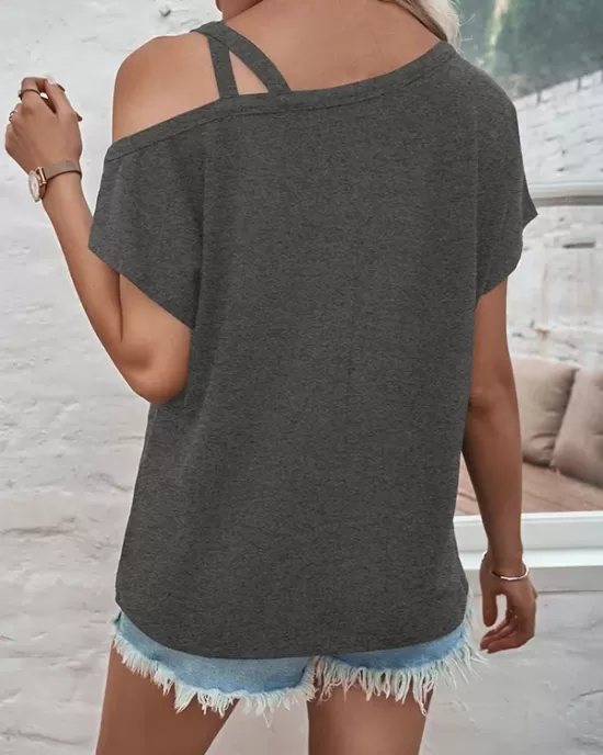 Asymmetric Solid Color Loose Short Sleeves Cold Shoulder T-Shirts