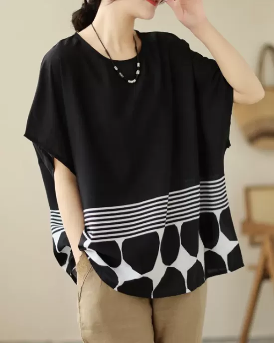 Polka Dot Split-Joint Striped Loose Short Sleeves Round-Neck T-Shirts Tops