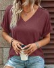 Buttoned Solid Color Loose Short Sleeves V-neck T-Shirts Tops