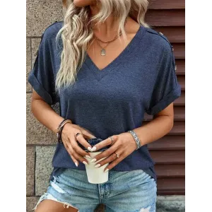 Buttoned Solid Color Loose Short Sleeves V-neck T-Shirts Tops