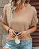 Buttoned Solid Color Loose Short Sleeves V-neck T-Shirts Tops