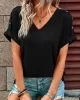 Buttoned Solid Color Loose Short Sleeves V-neck T-Shirts Tops