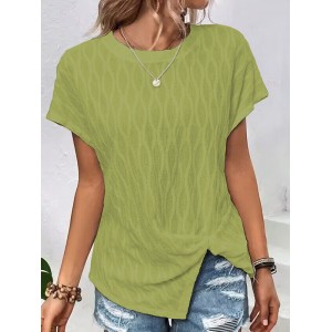 Jacquard Solid Color Split-Front Batwing Sleeves Loose Round-Neck T-Shirts Tops