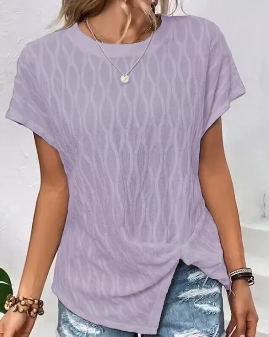 Jacquard Solid Color Split-Front Batwing Sleeves Loose Round-Neck T-Shirts Tops