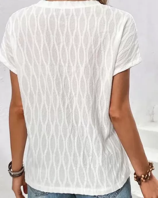 Jacquard Solid Color Split-Front Batwing Sleeves Loose Round-Neck T-Shirts Tops