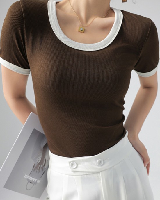 Contrast Color Short Sleeves Skinny Round-Neck T-Shirts