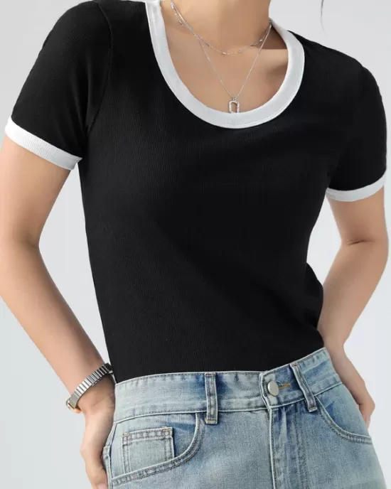 Contrast Color Short Sleeves Skinny Round-Neck T-Shirts