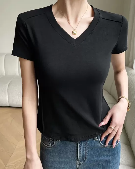 Solid Color Split-Joint Short Sleeves Skinny V-Neck T-Shirts