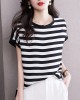 Contrast Color Striped Loose Plus Size Round-Neck T-Shirts