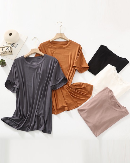 Solid Color Split-Joint Loose Short Sleeves Round-neck T-Shirts Tops