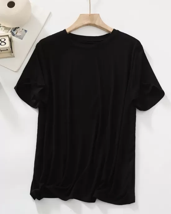 Solid Color Split-Joint Loose Short Sleeves Round-neck T-Shirts Tops