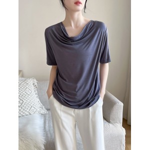 Pleated Solid Color Short Sleeves Heaps Collar T-Shirts Tops