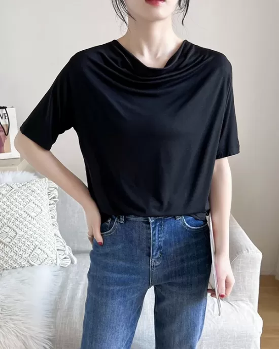 Pleated Solid Color Short Sleeves Heaps Collar T-Shirts Tops