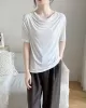 Pleated Solid Color Short Sleeves Heaps Collar T-Shirts Tops