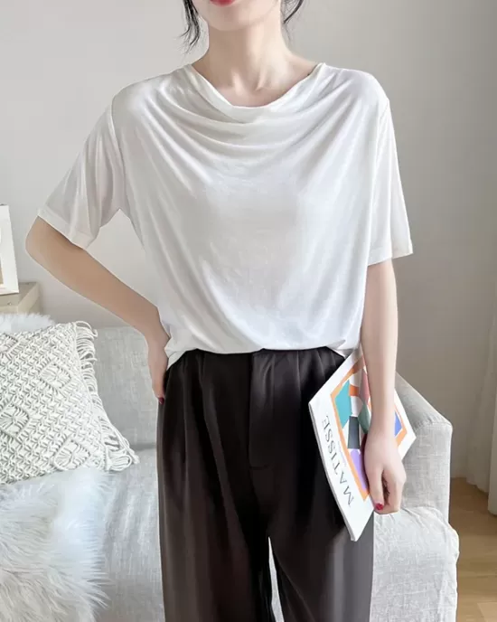 Pleated Solid Color Short Sleeves Heaps Collar T-Shirts Tops