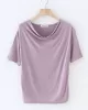 Pleated Solid Color Short Sleeves Heaps Collar T-Shirts Tops