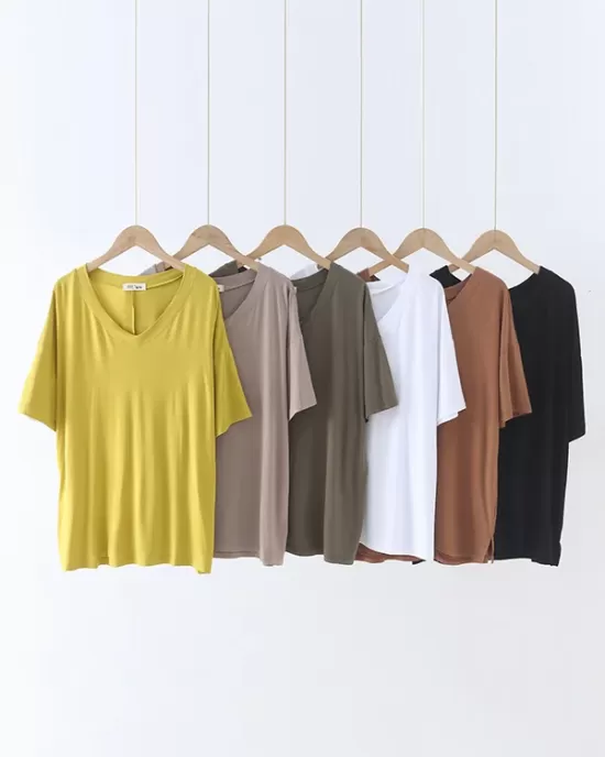 Solid Color Split-Joint Loose Short Sleeves V-neck T-Shirts Tops