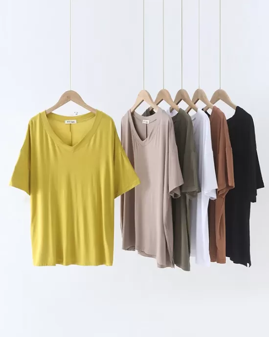 Solid Color Split-Joint Loose Short Sleeves V-neck T-Shirts Tops