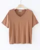 Solid Color Split-Joint Loose Short Sleeves V-neck T-Shirts Tops