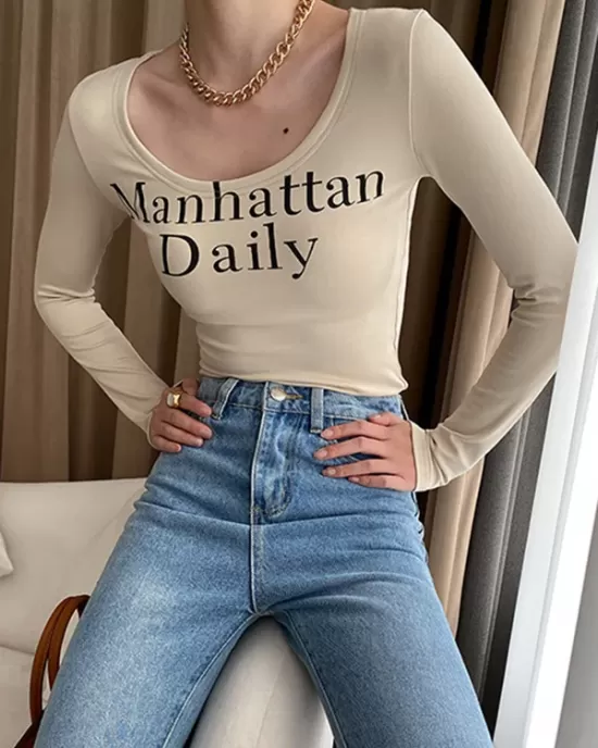 Letter Print Long Sleeves Skinny U-Neck T-Shirts