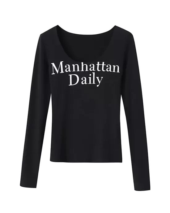 Letter Print Long Sleeves Skinny U-Neck T-Shirts