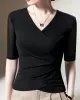 Asymmetric Pleated Solid Color Split-Joint Half Sleeves Plus Size V-Neck T-Shirts Tops