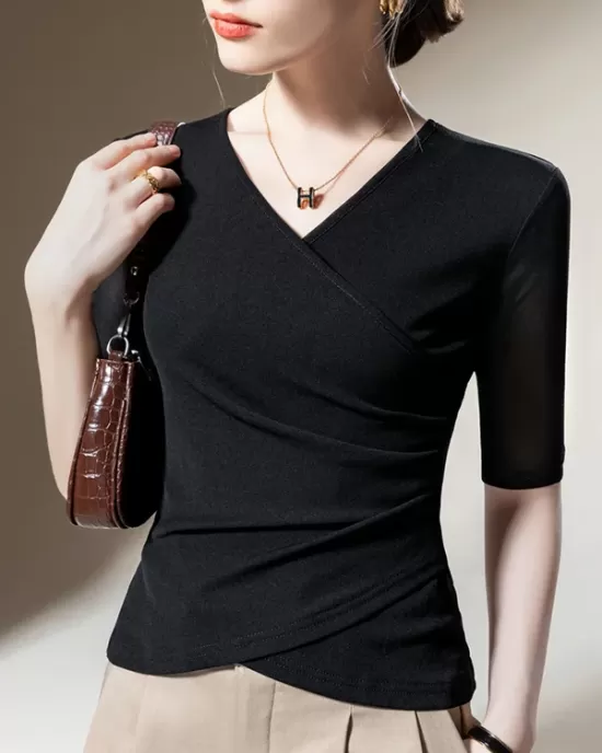 Asymmetric Pleated Solid Color Split-Joint Half Sleeves Plus Size V-Neck T-Shirts Tops