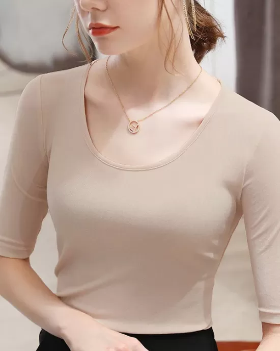 Gauze Solid Color Half Sleeves Plus Size Round-Neck T-Shirts Tops