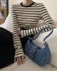 Contrast Color Striped Long Sleeves Skinny Round-Neck T-Shirts Tops