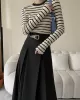 Contrast Color Striped Long Sleeves Skinny Round-Neck T-Shirts Tops