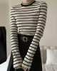 Contrast Color Striped Long Sleeves Skinny Round-Neck T-Shirts Tops