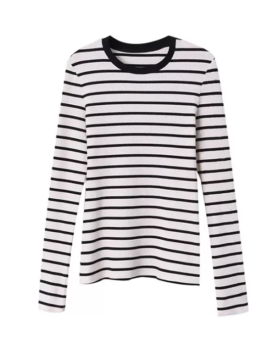 Contrast Color Striped Long Sleeves Skinny Round-Neck T-Shirts Tops