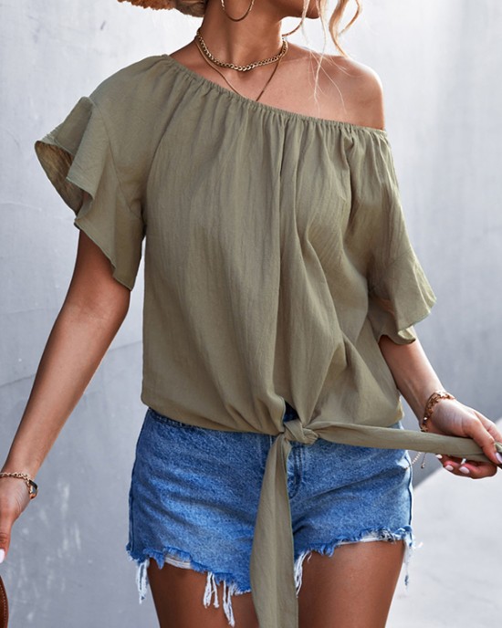 Elasticity Falbala Pleated Solid Color Tied Loose Short Sleeves Round-Neck T-Shirts Tops