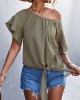 Elasticity Falbala Pleated Solid Color Tied Loose Short Sleeves Round-Neck T-Shirts Tops