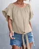 Elasticity Falbala Pleated Solid Color Tied Loose Short Sleeves Round-Neck T-Shirts Tops