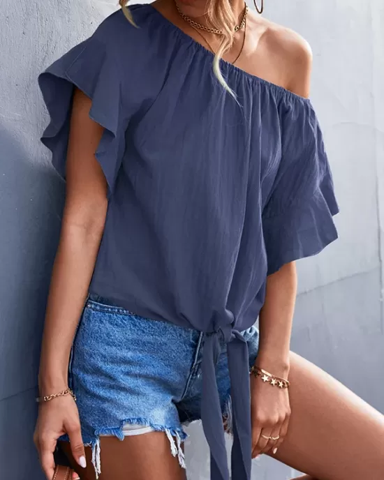 Elasticity Falbala Pleated Solid Color Tied Loose Short Sleeves Round-Neck T-Shirts Tops