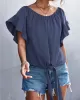 Elasticity Falbala Pleated Solid Color Tied Loose Short Sleeves Round-Neck T-Shirts Tops