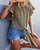 Elasticity Falbala Pleated Solid Color Tied Loose Short Sleeves Round-Neck T-Shirts Tops