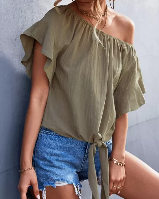 Elasticity Falbala Pleated Solid Color Tied Loose Short Sleeves Round-Neck T-Shirts Tops