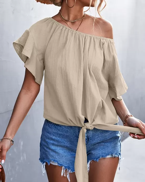 Elasticity Falbala Pleated Solid Color Tied Loose Short Sleeves Round-Neck T-Shirts Tops