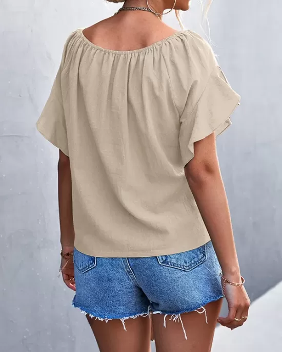 Elasticity Falbala Pleated Solid Color Tied Loose Short Sleeves Round-Neck T-Shirts Tops