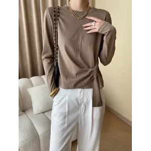 Asymmetric Bowknot Solid Color Long Sleeves Round-Neck T-Shirts Tops