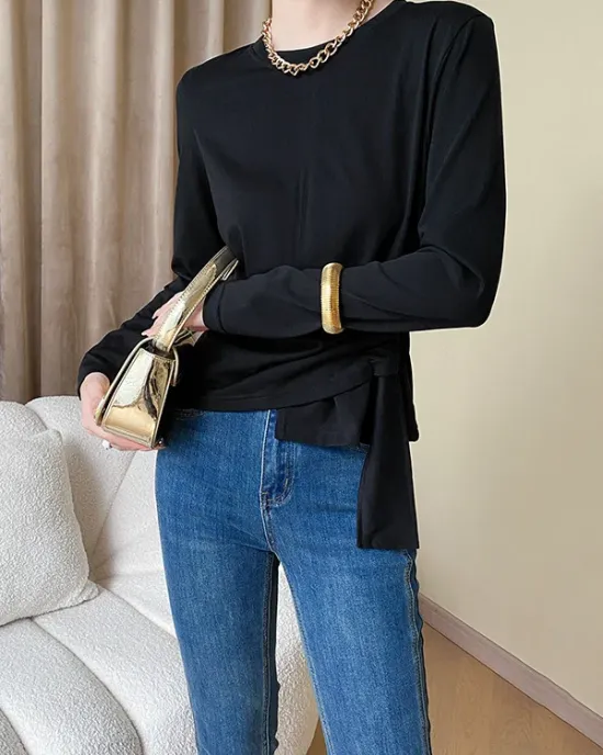 Asymmetric Bowknot Solid Color Long Sleeves Round-Neck T-Shirts Tops