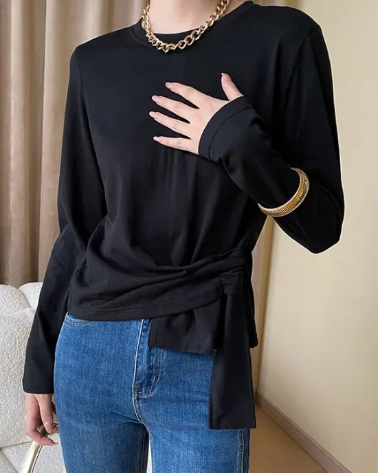 Asymmetric Bowknot Solid Color Long Sleeves Round-Neck T-Shirts Tops