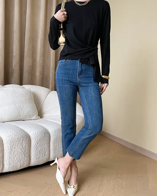 Asymmetric Bowknot Solid Color Long Sleeves Round-Neck T-Shirts Tops