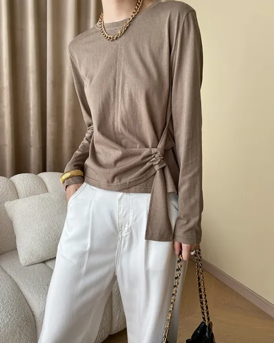 Asymmetric Bowknot Solid Color Long Sleeves Round-Neck T-Shirts Tops