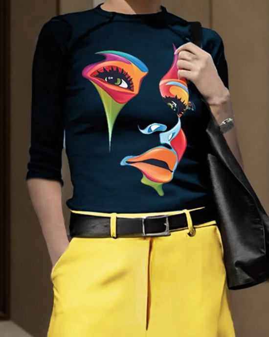 Half Sleeves Skinny Contrast Color Figure Round-Neck T-Shirts Tops