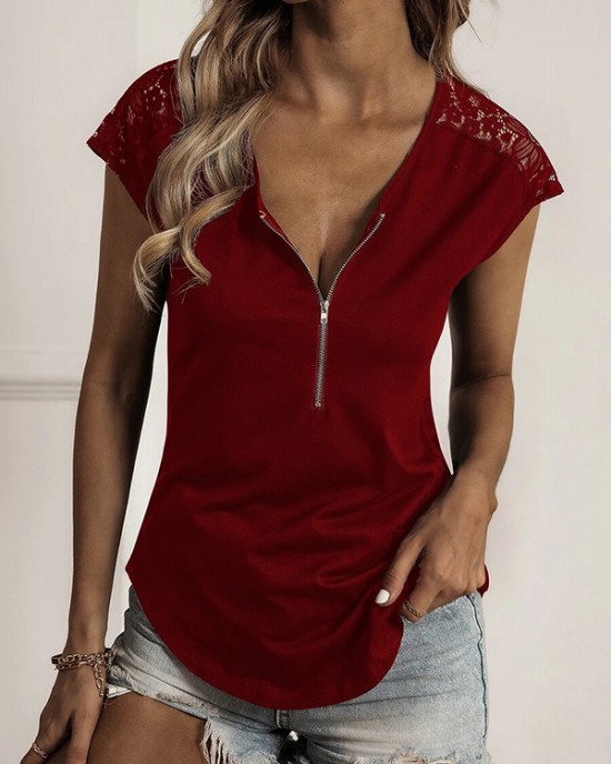 Hollow Solid Color Zipper Short Sleeves Round-Neck T-Shirts Tops