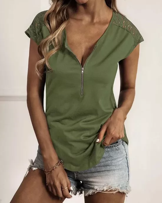 Hollow Solid Color Zipper Short Sleeves Round-Neck T-Shirts Tops