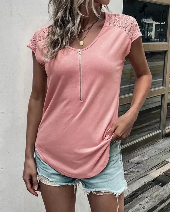 Hollow Solid Color Zipper Short Sleeves Round-Neck T-Shirts Tops